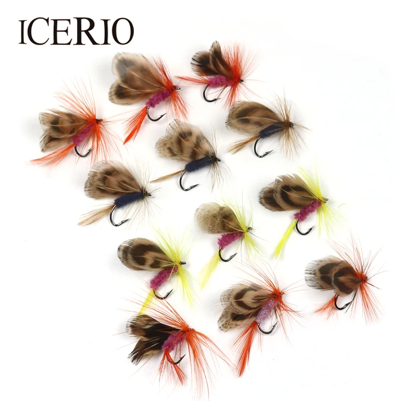 

ICERIO 12PCS/set Fly Fishing Lure Dry Flies Feather Single Hook Pesca Salmon Trout Fishing Bait