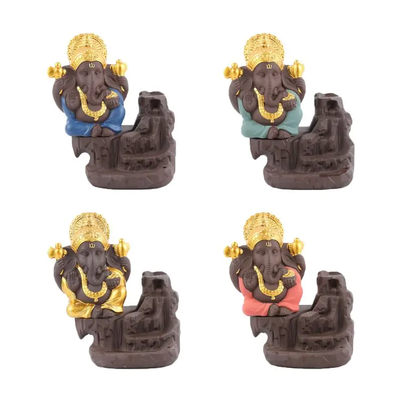 

Reflux Elephant God Ganesha Ceramic Buddhist Mountain Waterfall Backflow Incense Burner Holder Cones Censer