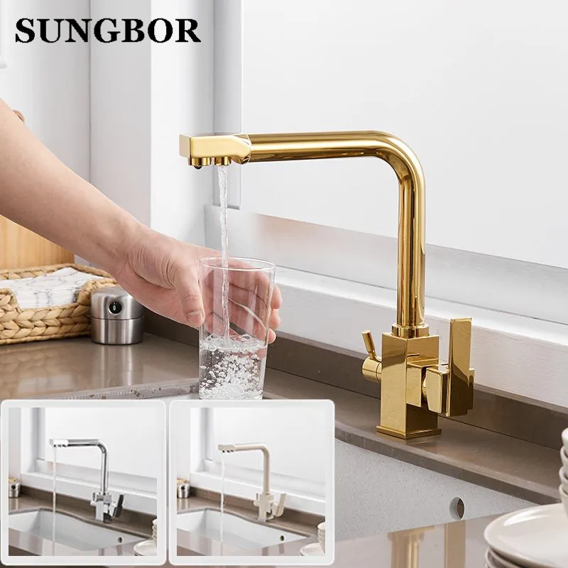  Solid Brass Kitchen Faucet with Filtered Water Marble Kitchen mixer For Sinks Taps Cold Hot Swivel Drinking Water Faucet 9050K