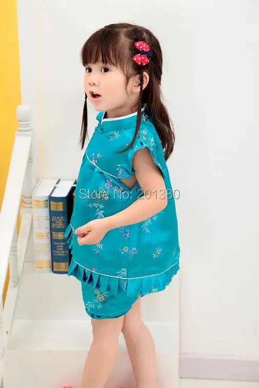 Новые летние детские комплекты Ципао с цветочным принтом, новогодние китайские платья для маленьких девочек, короткие штаны, костюмы чонсам