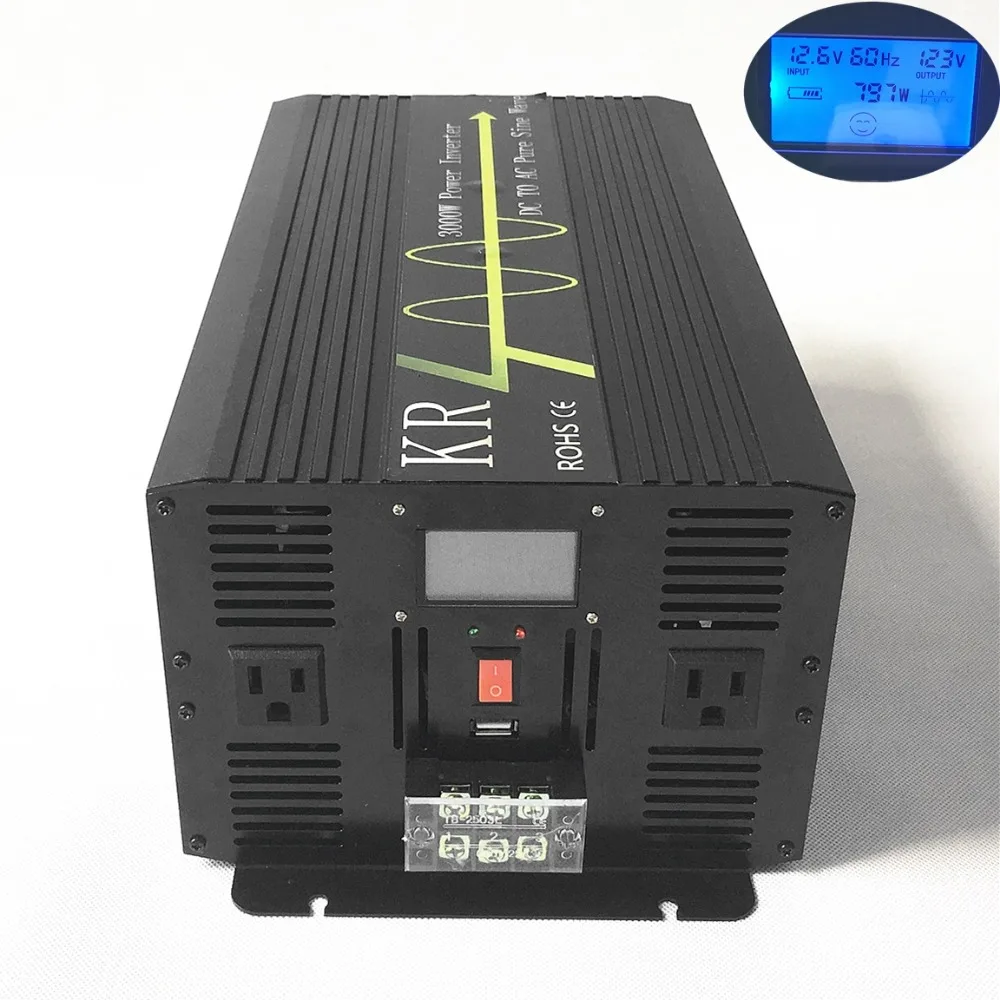 

3000W Home Use Solar Power Inverter Peak 6000W Pure Sine Wave 24V DC to 220V/230V/240V AC Off Grid with LCD Display USB Port