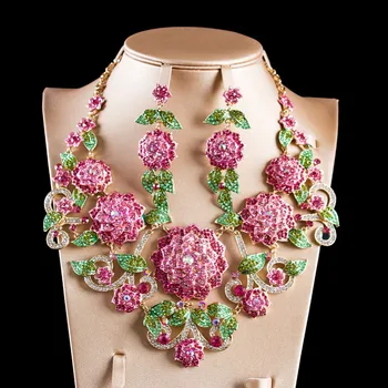 Pink Flower Corsage Austrian crystal bib necklace with earrings sets