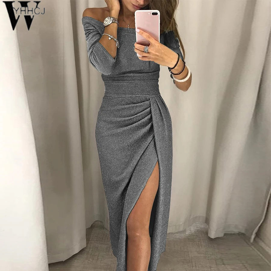 

WYHHCJ 2018 Women Autumn sexy dress 8 Colors Slash Neck Mid-Calf bodycon Side Of The Split Plus Size 3XL Black Party Dresses