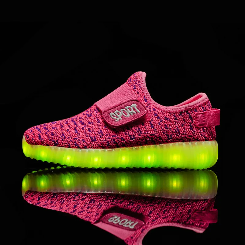 Размер 25-37 Детская светящаяся обувь со светодиодами USB, детская обувь на липучке, Детские светящиеся кроссовки, детская обувь со светодиодами - Цвет: Розовый