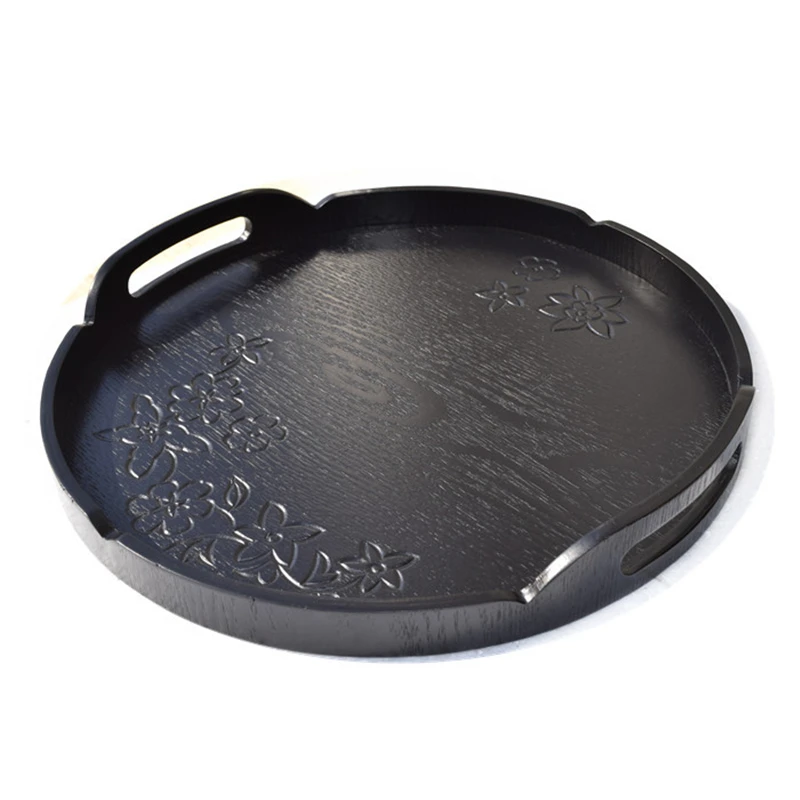 

Stylish Eco-friendly Wooden Round Plate Tea Tray Kungfu Tea Board Puer Teapot Storage Holder Black Hollow Gift 4*33 cm 1 PC