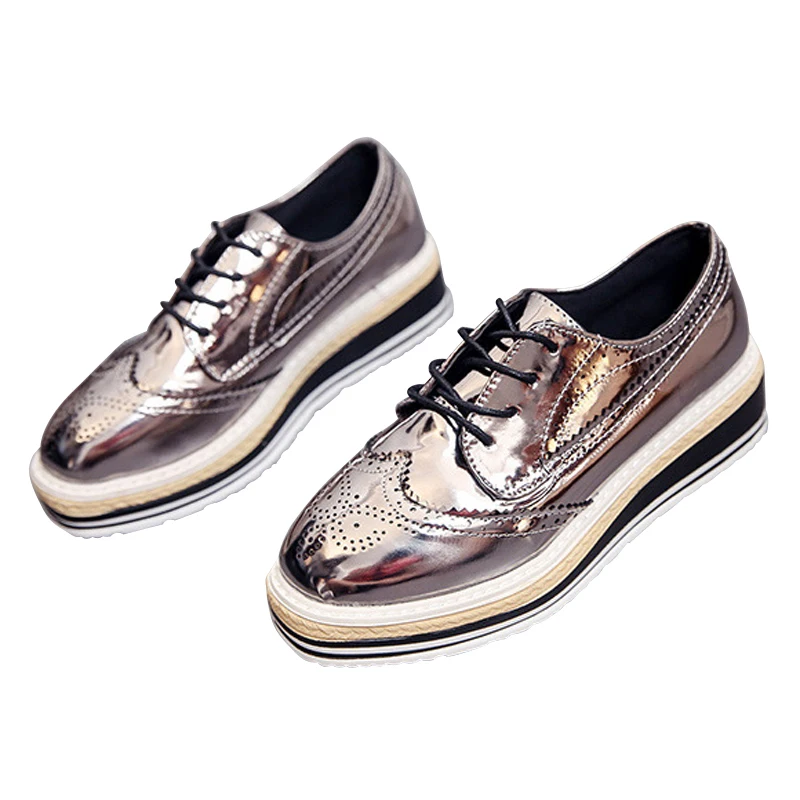 

New Creepers Platform Shoes Sliver Gold Loafers Casual Slip On Flats Woman Patchwork Women Oxfords Shoes XWX6710