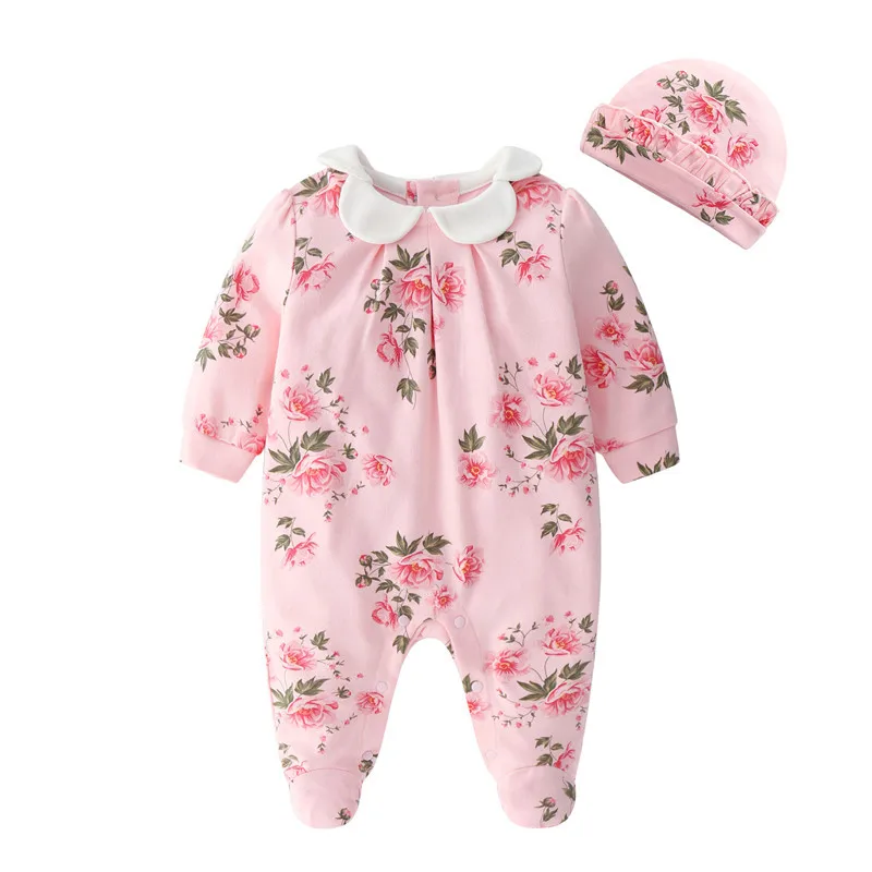 Одежда для новорожденных девочек кружевные цветы комбинезоны и Шапки Костюмы комплекты принцессы для девочек Footies для Весна детские комбинезоны - Цвет: Floral Pink