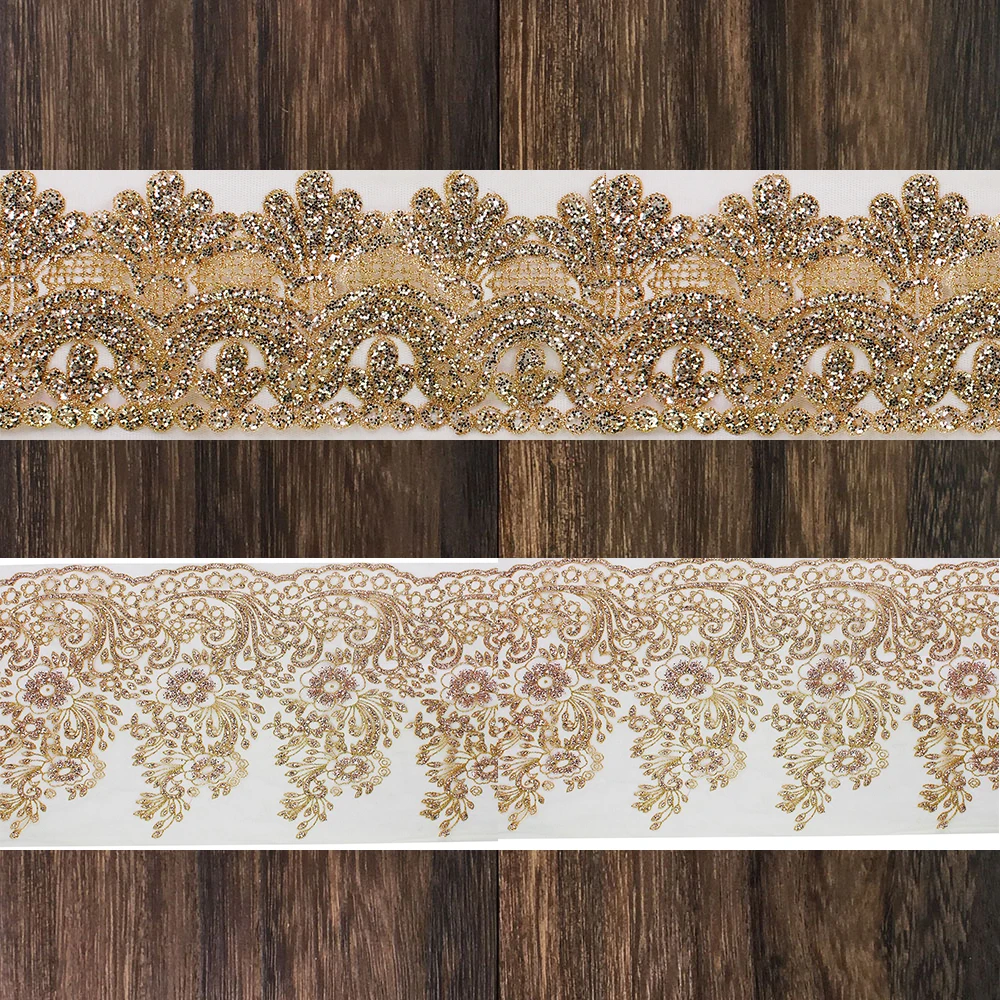 

5yards Glitter Gold Sequin Lace Trim Flower Applique Ribbon Fabric Motif Trimming Venice Sewing for Clothes Dress T2770