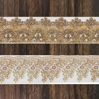 

5yards Glitter Gold Sequin Lace Trim Flower Applique Ribbon Fabric Motif Trimming Venice Sewing for Clothes Dress T2770