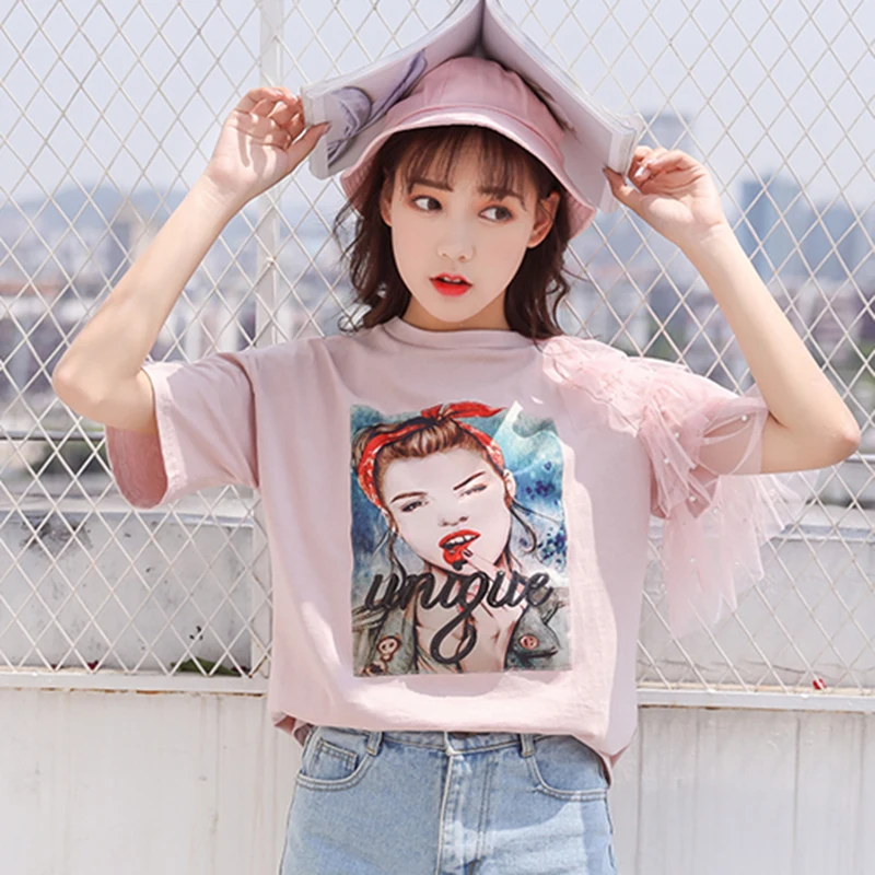 Camisetas Mujer فيرانو 2018 الصيف قمم الدانتيل تي شيرت المرأة شخصية الديكور طباعة الكورية التي شيرت الملابس النسائية المحملة قميص فام Camisetas Mujer فيرانو 2018 الصيف قمم الدانتيل تي شيرت المرأة شخصية الديكور طباعة الكورية التي شيرت الملابس النسائية المحملة قميص فام