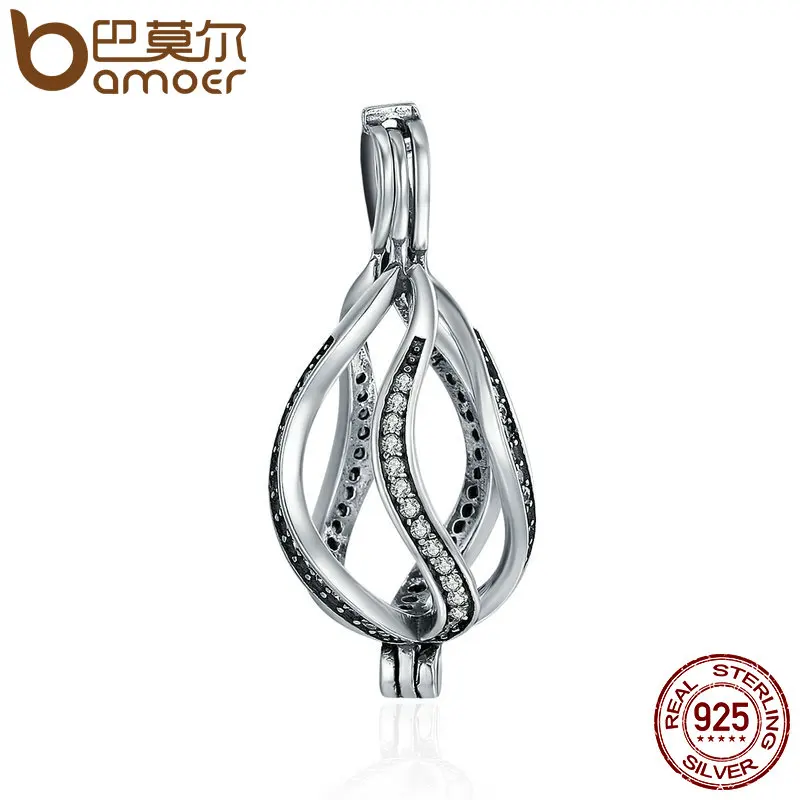 BAMOER Authentic 925 Sterling Silver Twisted Wave Line Circle Cage Pendant Clear CZ Pendant fit Chain Necklace jewelry SCP030