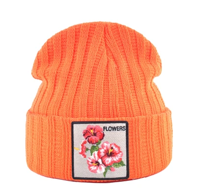 Женская шапка с цветочной нашивкой, осенне-зимние вязаные шапки Skullies, женские зимние мягкие двухслойные вязаный капот, мужские шапки Gorras - Цвет: Orange