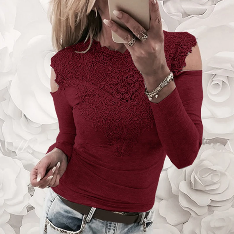 Women Off-shoulder Lace Stitching Tops Slim Casual Hollow Out O Neck T-shirt Sexy Patchwork Women Tee Shirt Tops