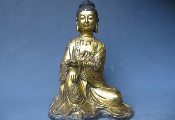 

Collectible bronze lion statue S0774 10"China Old Bronze Gild Sit Eight treasures freedom Bodhisattva Guan Yin Statue B0403