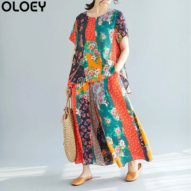 زائد الحجم ملابس الصيف للنساء 2019 جديد الزهور طباعة كبيرة الحجم فضفاضة الإناث مجموعة الدعاوى السراويل الطويلة خمر قمم و البلوزات زائد الحجم ملابس الصيف للنساء 2019 جديد الزهور طباعة كبيرة الحجم فضفاضة الإناث مجموعة الدعاوى السراويل الطويلة خمر قمم و البلوزات