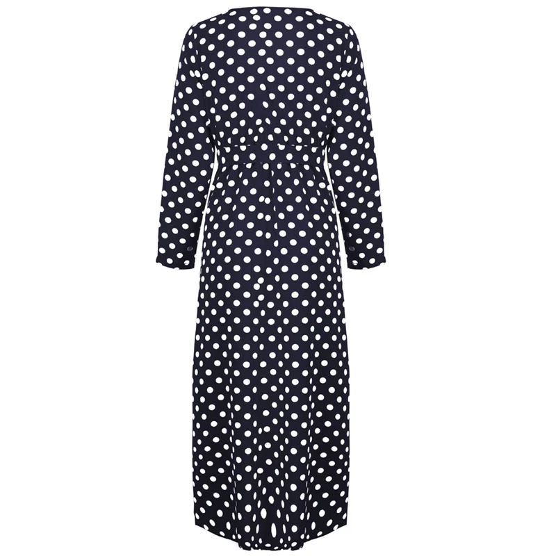 Qunndy 2018 Sexy Long Sleeve V Neck Long Party Maxi Dresses Polka Dot Print Beach Bohemian Vintage Dress Women Casual Vestidos (15)