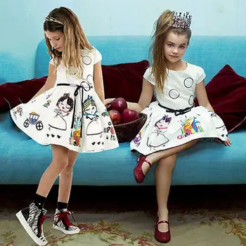 

2016 Summer 2-7Y Baby Kids Girls White Cartoon Printing Dress Toddler Princess Party Tutu Floral Dress 2-7Y