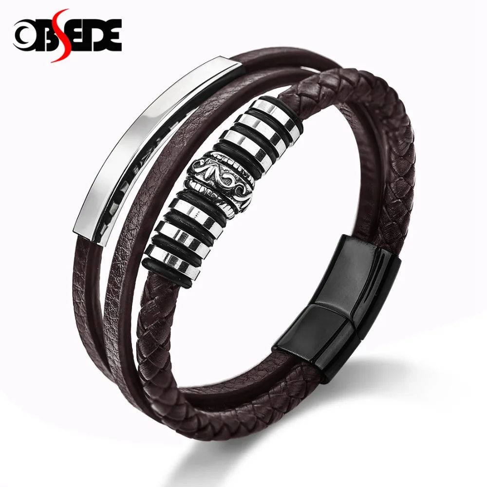 

OBSEDE Punk Genuine Leather Bracelets Black & Brown Rope Chain Stainless Steel Magnetic Clasp Beads Charms Design Cool Gifts