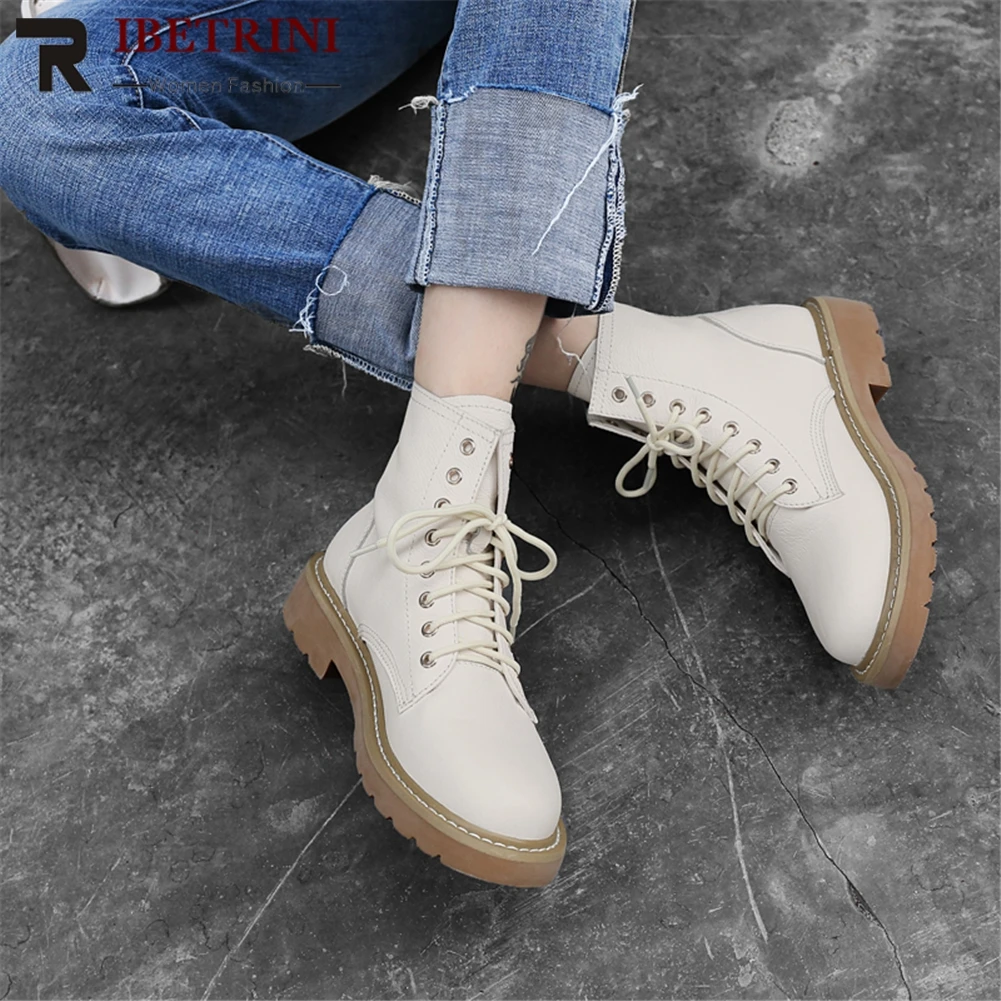 RIBETRNI 2020 Genuine Cow Leather Chunky Heels Ankle Boots Woman Shoes Lace Up Casual Shoes Woman Ankle Boots Female
