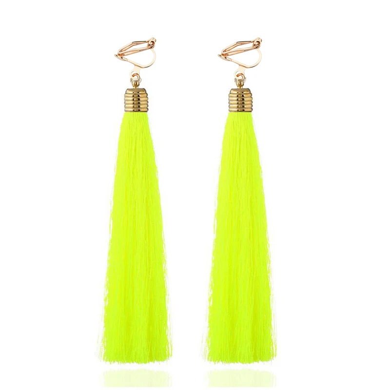 Ear Clip Earrings Tassel Fiber Clip on 12cm&5.1'' Long No Pierced for Women Party Fashion Bohemia Bridal Wedding Anti-allergy