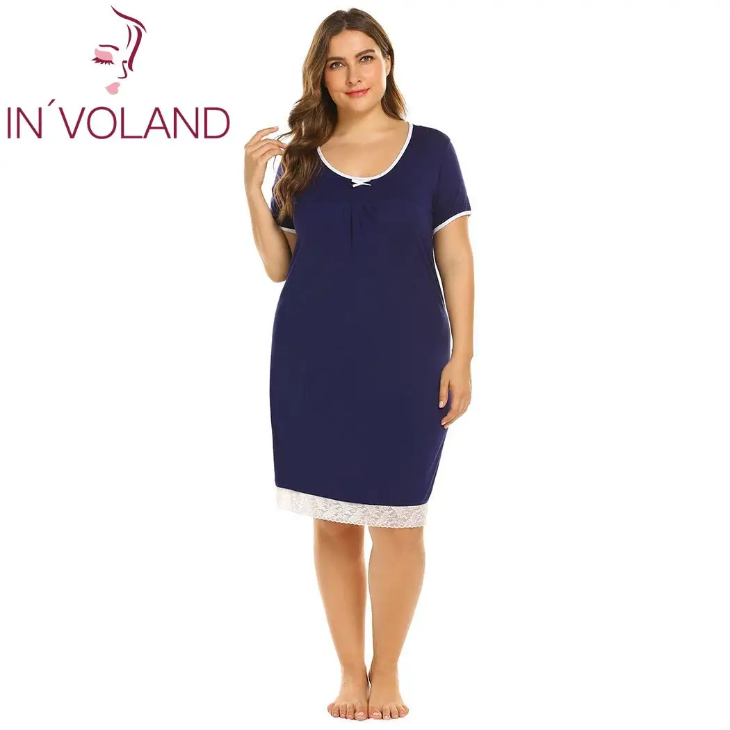IN'VOALND размера плюс, кружевная женская ночная рубашка, повседневная, короткий рукав, платье для сна, мягкая, o-образный вырез, женская ночная рубашка, больше размера - Цвет: Blue
