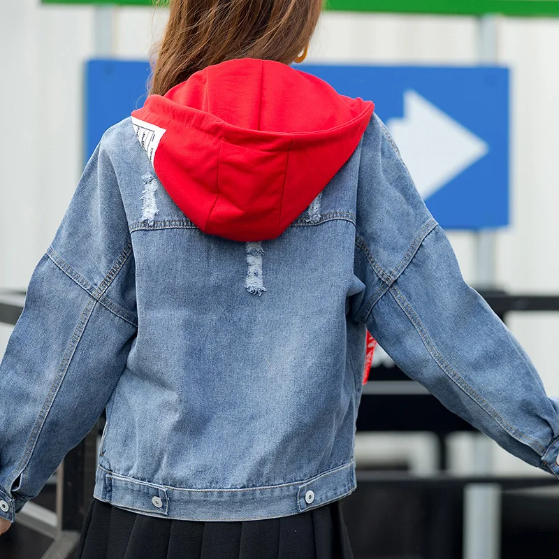 

Red Hooded Woman Shorts Jeans Jackets Destroied Hole Casual WomenS College Wind Streetwear Basic Spring Long Sleeve Coats Tops