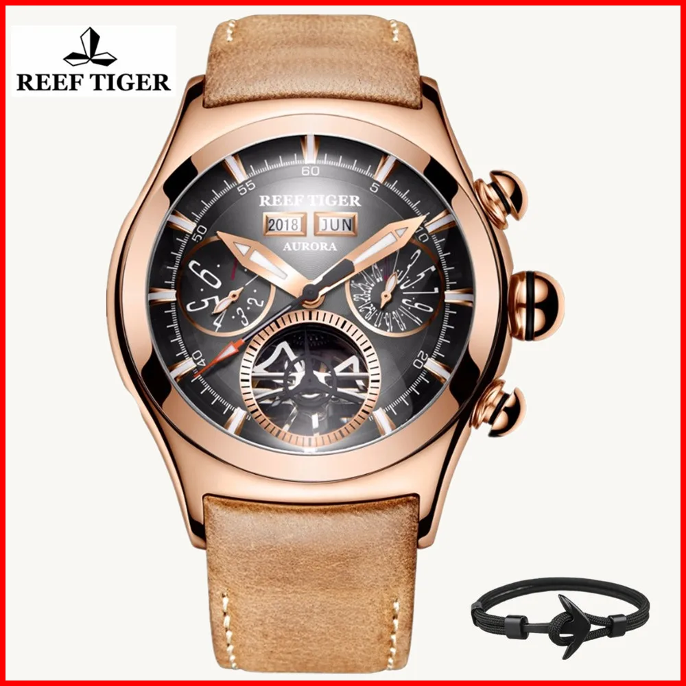 

2019 New Reef Tiger Luxury Brand Sport Watches Genuine Leather Rose Gold Tourbillon Automatic Waterproof Watch Men Saat RGA7035