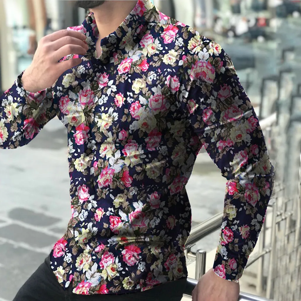 Новая модная мужская Роскошная стильная повседневная рубашка модная мужская повседневная рубашка с цветочным принтом и длинным рукавом на пуговицах Топ Блузка M-5XL - Цвет: Black