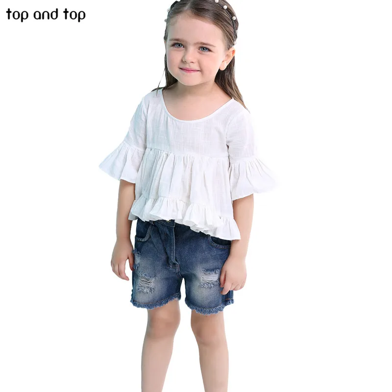 

Top and Top Children girls Clothing sets Cotton Flare Sleeve t shirt + Denim Shorts 2 pcs/sets Summer Kids Girl clothes suit