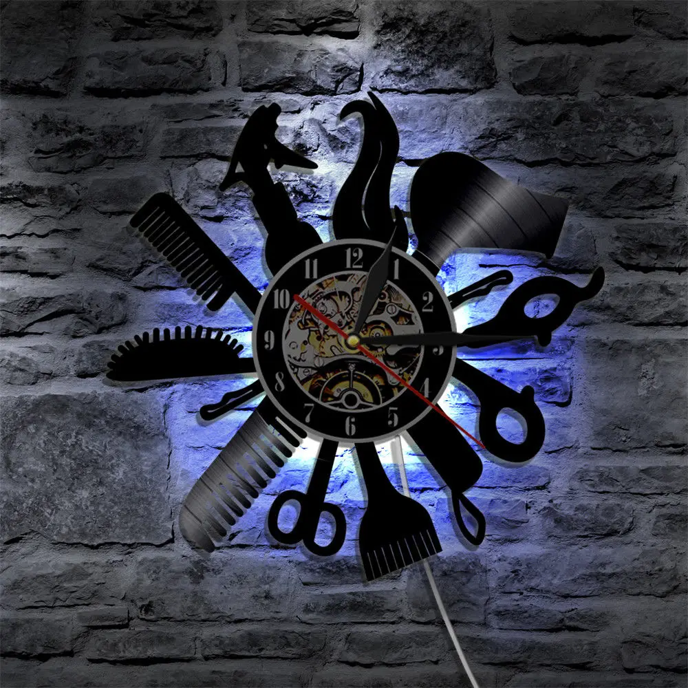 Светодиодный настенные часы, современный дизайн, 7 разных цветов, декоративные парикмахерские часы, виниловые настенные домашние декоративные часы, бесшумные