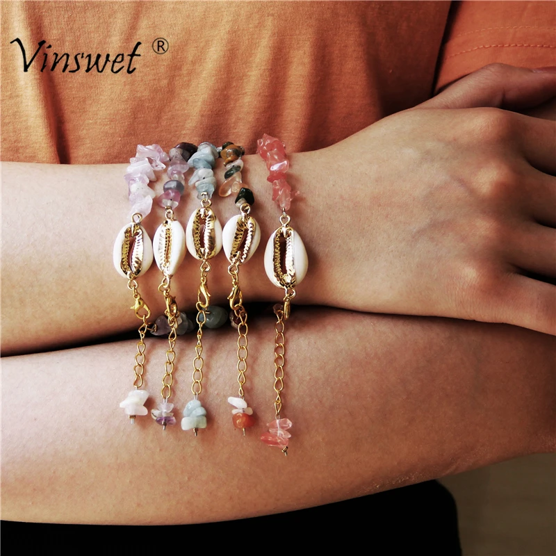 

Boho Women Bracelet Irregular Natural Stone Chips Bracelets for Women Shell Bracelet Cowry Charm Jewelry Adjustable Pulseras