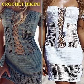 CROCHET BIKINI Sexy Women's Crochet Beach Dress Swimsuit Strappy Off Shoulder Dress Boho Crochet Bikini Cover Up Beachwear black off the shoulder strappy bikini set