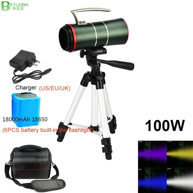 

100W super flashlight zoomable led fishing light with battery rechargeable waterproof bright army green flashlight fishing torch