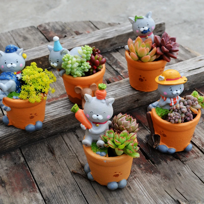 Набор из 5 милых полимерных котов мини-горшки для влагозапасающего растения мультяшный котенок цветочные горшки домашний сад Декор бонсай плантатор