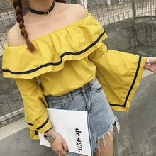 Sailor Girl Cute Off Shoulder Blouse Big Ruffles Shirt Women Tops Sexy Kawaii Chemise Femme Camicia Donna Blusa Y Camisa Mujer