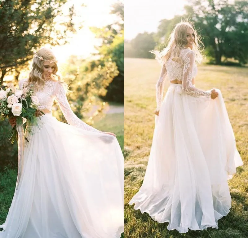 

2019 Romantic Two Pieces Bohemian Wedding Dress Long Sleeves Lace Crop Top Chiffon Beach Country Wedding Gown vestidos de noiva
