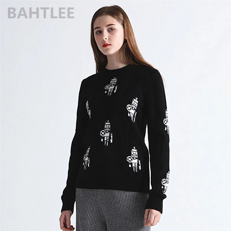 

BAHTLEE-женские пуловеры из мериносовой шерсти с защитой от пиллинга, свитер без бретелек, жаккардовый узор Weav Robot, черный, осень, зима