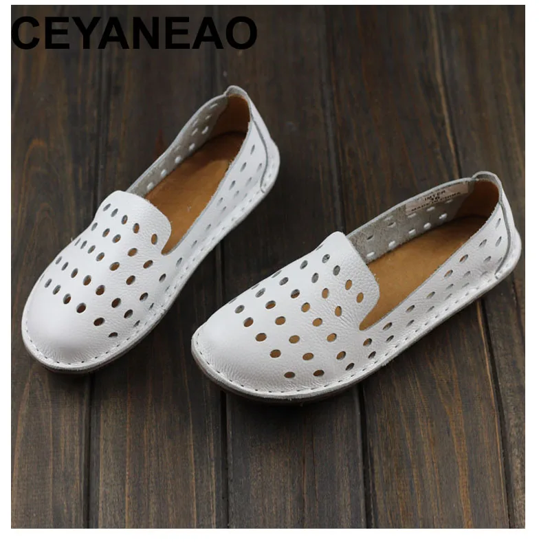 Faites Ceyaneao Slip À Plat Sur De En Femme Toe Casual Dames Plaine 3 Véritable La 1957 Appartements Chaussures Main Cuir White Femmes rrqwxn5g4O