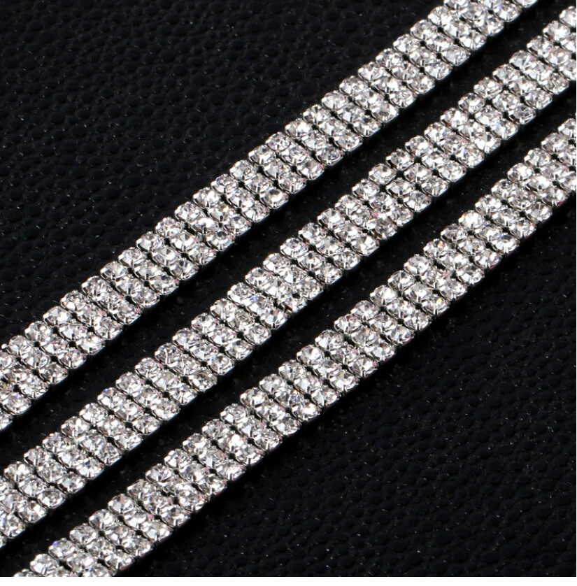 

3mm 1 yard 3 Rows Crystal Rhinestone Cup Chain Silver Base With Claw Dress Decoration Trim Applique Sew on Garment Shoes Bags