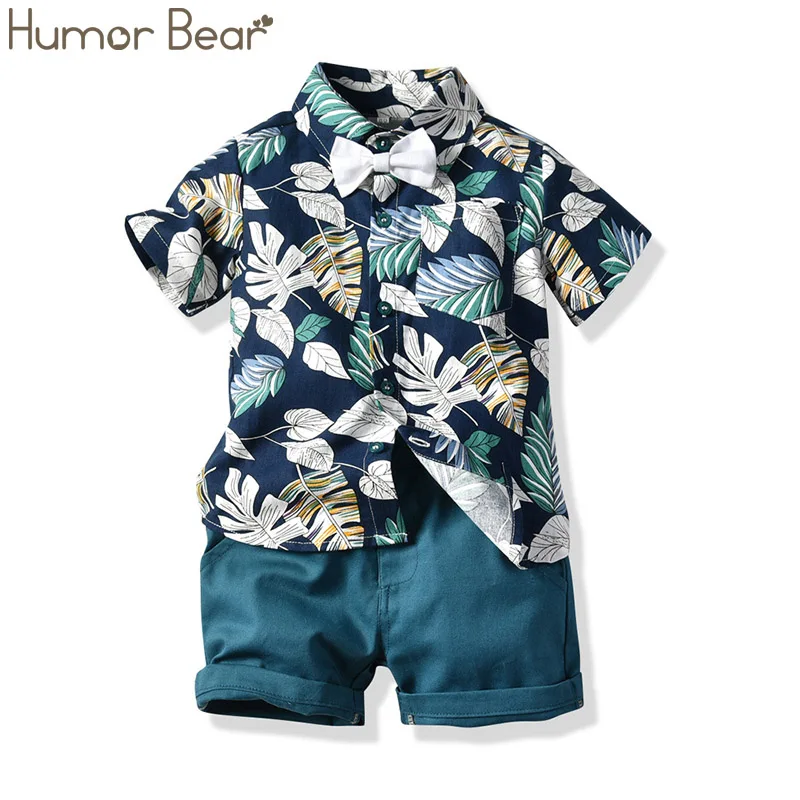 Humor Bear/Детский костюм Новинка года, летняя одежда для маленьких мальчиков футболка с короткими рукавами с принтом листьев+ повседневные шорты+ галстук-бабочка, детская одежда - Цвет: Зеленый