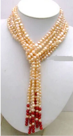 

FREE SHIPPING>>>@@ > N1646 SALE Long 45" natural 6-7mm Pink Baroque Pearl & 6mm Red coral 3 Strand Necklace