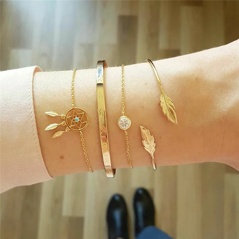 Adolph 5Pcs/Set Fashion Punk Gold Chain Moon Leaf Crystal Geometry Open Bracelet Set Women Charm Beach Jewelry A Direct Sale - Окраска металла: bn59