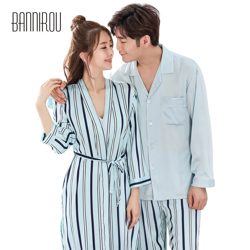 

Spring Matching Couple Pajama Set Striped Chiffon Slik Satin Simple Full Button His-and-her Home Suit Pyjama For Lover Man Woman