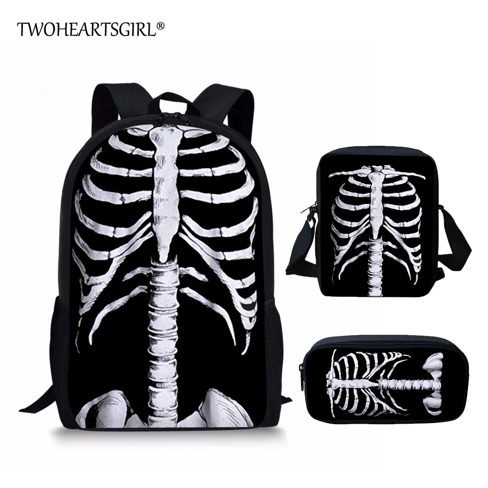 Twoheartsgirl Schoolbags for Teenager Novelty Halloween Skull Print Cool School Bag Sets for Children Cartoon School Backpacks