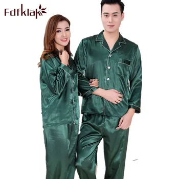 

Fdfklak M-3XL Plus Size Couple Pajama Sets Home Clothing Silk Pajamas For Women Sexy Sleepwear Green/White Satin Pyjamas Q725