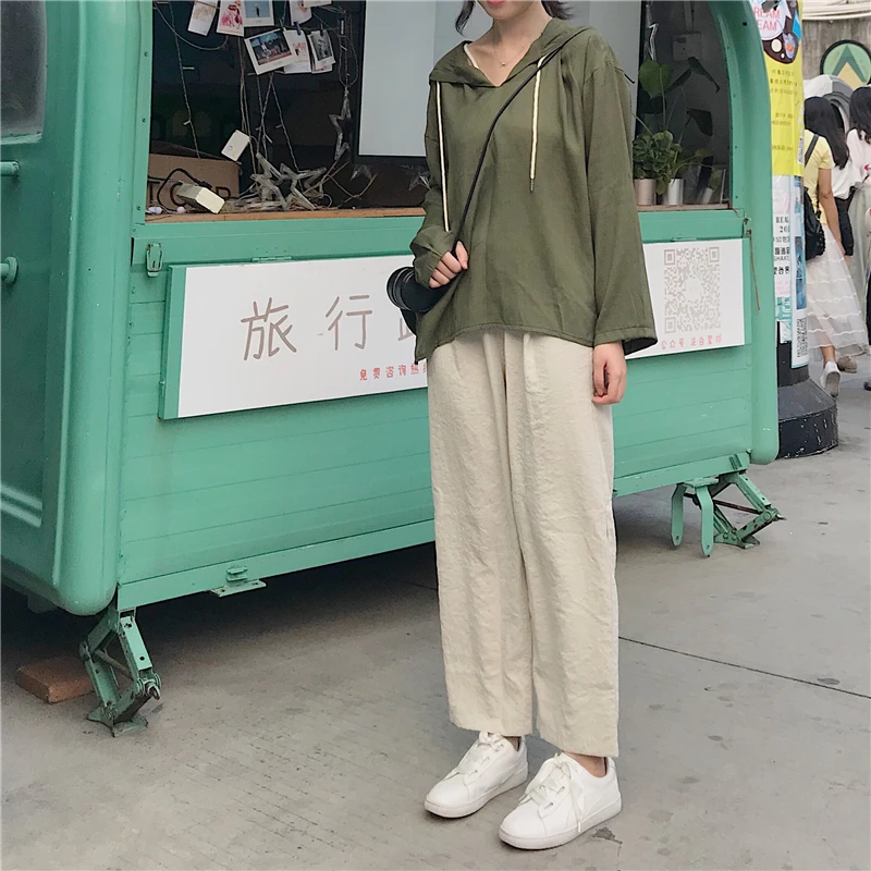 

Women Summer Autumn Drawstring Hooded Pure Color Linen Hoodies Female Loose Casual Exo Sweatshirt Sudadera Mujer Sweat Femme