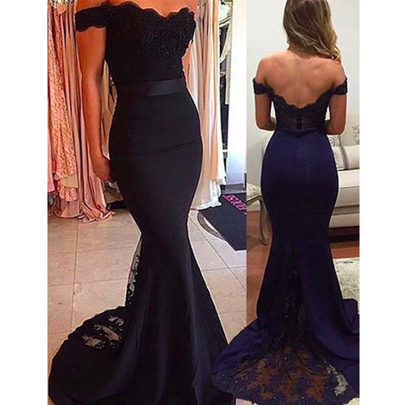 

Off-the-Shoulder Bridesmaid Dresses Applique Chiffon Lace Train Navy Blue Blush Black Mermaid Trumpet Prom Dresses Hot Sale 2019