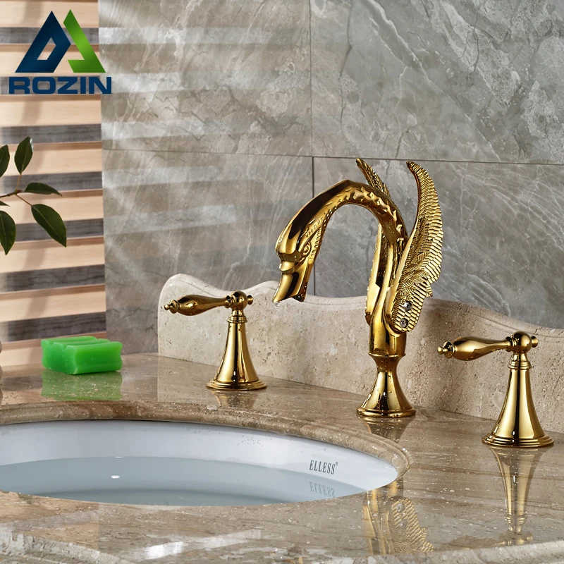 

Deck Mounted Golden Double Handle Bathroom Taps Swan shape Bathroom Faucets 3 hole