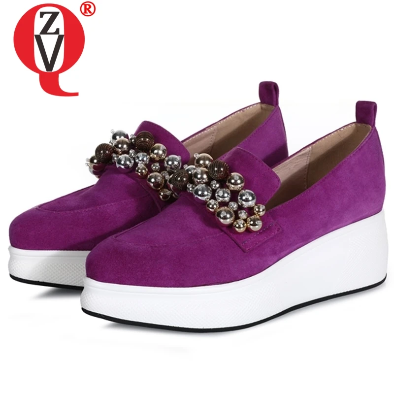 

ZVQ Genuine Leather Kid Suede woman pumps String Bead fashion girl spring summer outside Round toe High heels women shoes