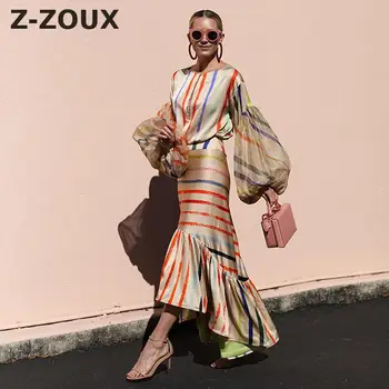 

Z-ZOUX Women Sets Striped Lantern Sleeve Women Top With High Waist Long Fish Tail Skirt 2 Piece Set Womens Skirt And Top Set New
